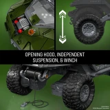 Hot Wheels UNSC M12 Warthog Hot Wheels Brick Shop Halo 935-Piece 1:22 Building Set (25th Anniversary), close-up feature collage showing the opening hood, independent suspension on a rugged wheel, and working front winch on the green brick-built vehicle.