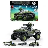Hot Wheels UNSC M12 Warthog Hot Wheels Brick Shop Halo 935-Piece 1:22 Building Set (25th Anniversary), box and assembled olive-green brick-built Halo Warthog with large rugged wheels and mounted turret, plus metal parts and a miniature vehicle.