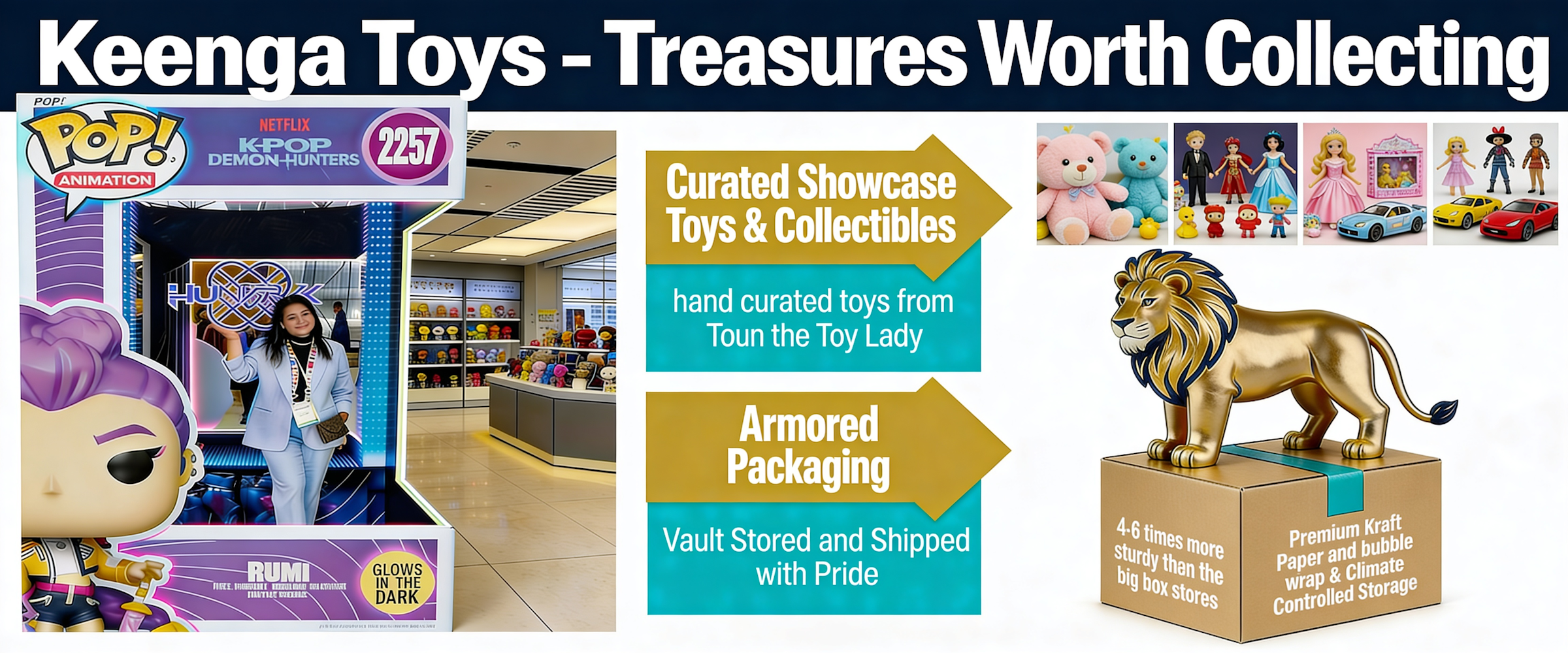 "Keenga Toys — Treasures Worth Collecting. Curated toys hand-picked by Toun the Toy Lady, vault-stored and shipped in heavy-duty boxes built to protect your collectibles."