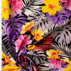 Pink, Purple, and Yellow Flowers and Fronds on Black Stretch Cotton Poplin #31540 Fabric By The Yard
