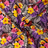 Pink, Purple, and Yellow Flowers and Fronds on Black Stretch Cotton Poplin #31540 Fabric By The Yard - Wide shot