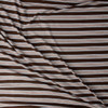 Tan, Sky, and Ivory Horizontal Stripe on Brown Stretch Rayon/Spandex Jersey #32184 Fabric By The Yard - Wide shot