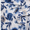 Blue and Tan Hand Painted Style Floral on White Double Brushed Poly Spandex Fabric By The Yard