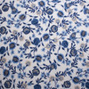 Blue and Tan Hand Painted Style Floral on White Double Brushed Poly Spandex Fabric By The Yard - Wide shot