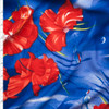 Red Flowers on Brushstroke Blue Background Liverpool Knit Fabric By The Yard