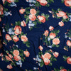 Peach, Light Blue, and Green Rose Floral on Navy Blue Double Brushed Poly Spandex Knit Fabric By The Yard - Wide shot