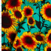 Yellow and Black Sunflower Floral on Bright Seafoam Rayon Challis Fabric By The Yard