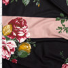 Red, Gold, and Green Rose Floral on Black and Blush Wide Stripe Background Double Brushed Poly Spandex Knit Fabric By The Yard