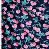 Pink and Mint Cherries on Navy Stretch Nylon/Lycra Knit Fabric By The Yard