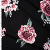 Pink and Sage Rose Floral on Black Double Brushed Poly Fabric By The Yard