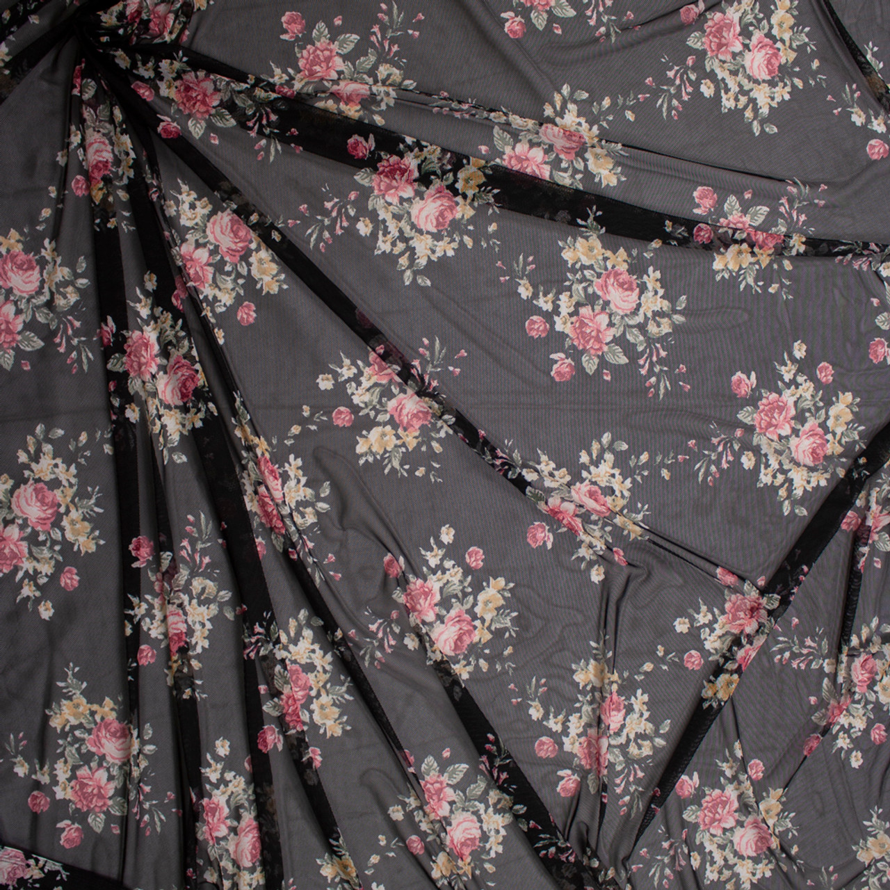 Cali Fabrics Pink, Sage, and Yellow Rose Floral on Black Power Mesh Fabric  by the Yard