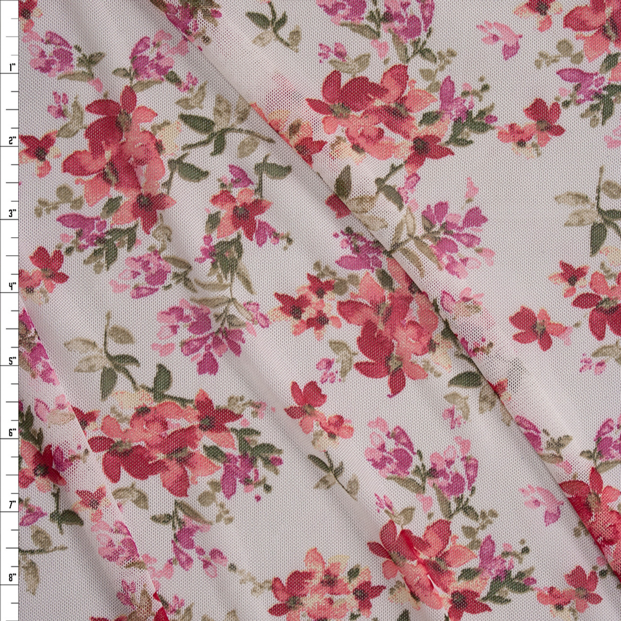 Red and Pink Paintbrush Floral on Offwhite Power Mesh