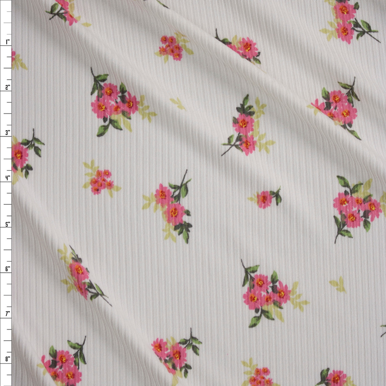 Cali Fabrics Bright Pink Floral on Warm White Brushed Stretch Rib Knit  Fabric by the Yard