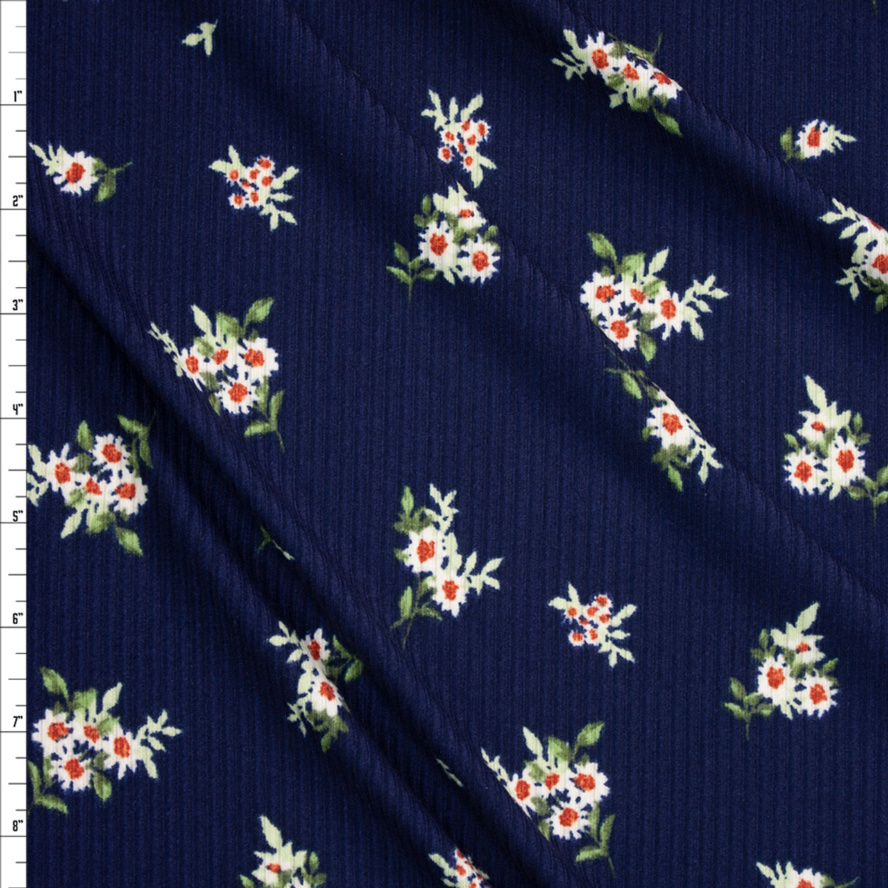 White Floral on Navy Blue Brushed Stretch Rib Knit