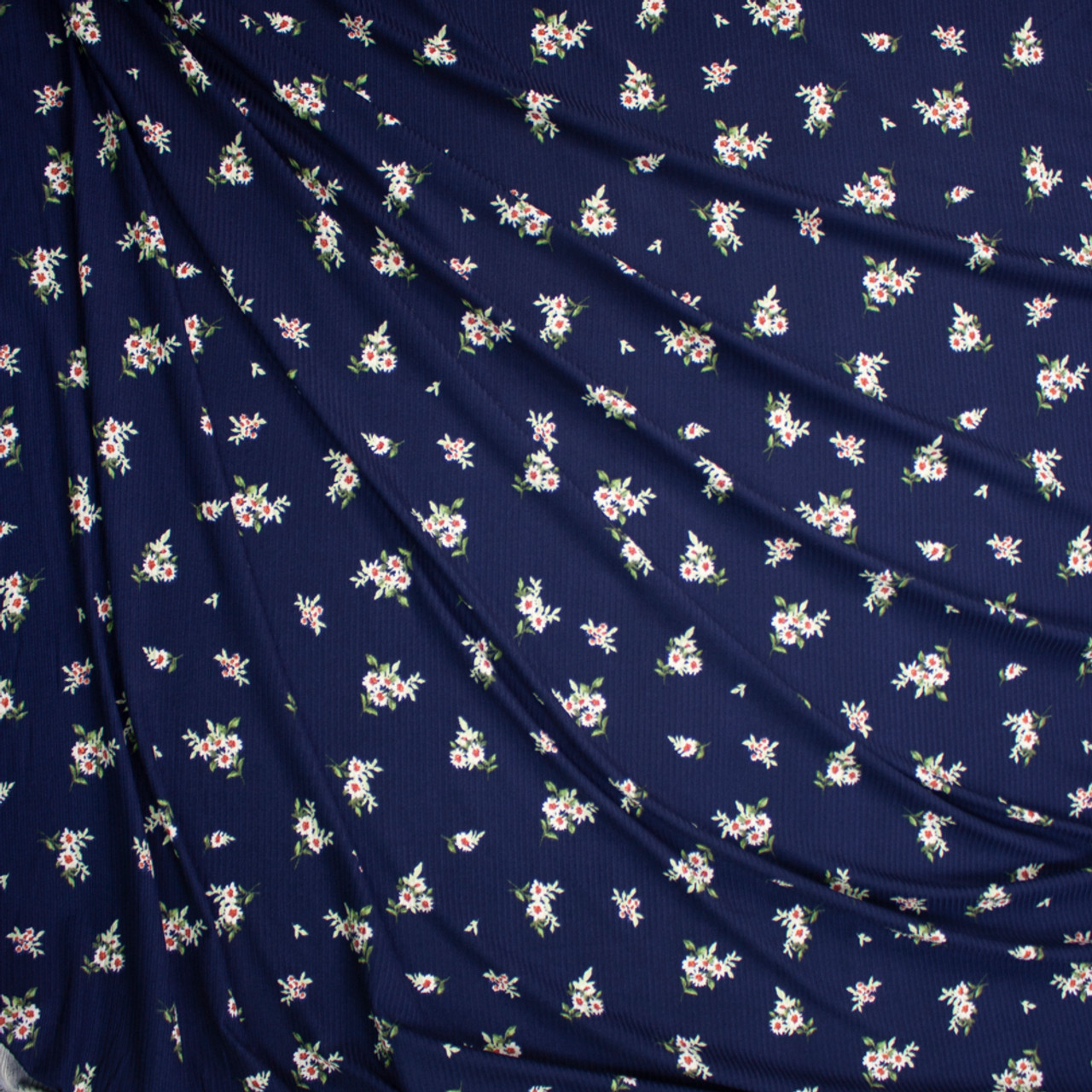 Cali Fabrics White Floral on Navy Blue Brushed Stretch Rib Knit Fabric by  the Yard