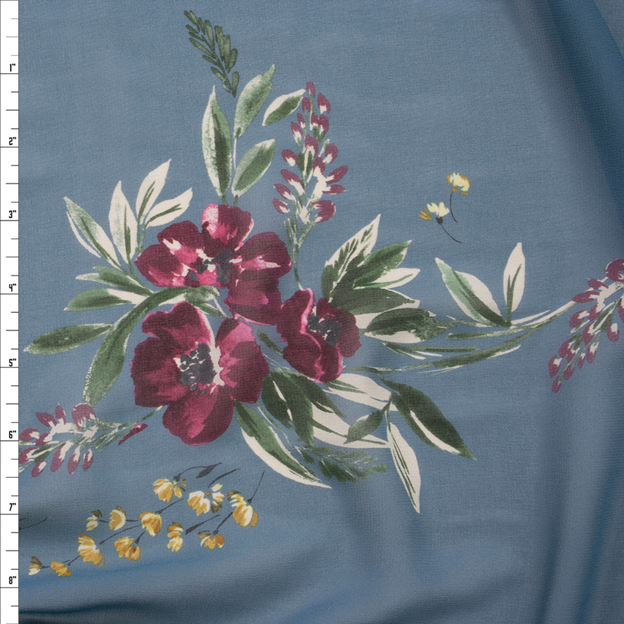 Cali Fabrics Plum Floral on Slate Blue Designer Chiffon Fabric by the Yard