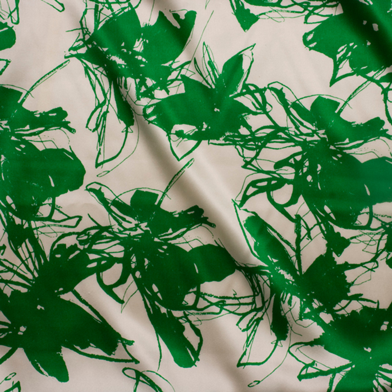 Cali Fabrics | Sketchy Green Flowers on Ivory Silk Charmeuse