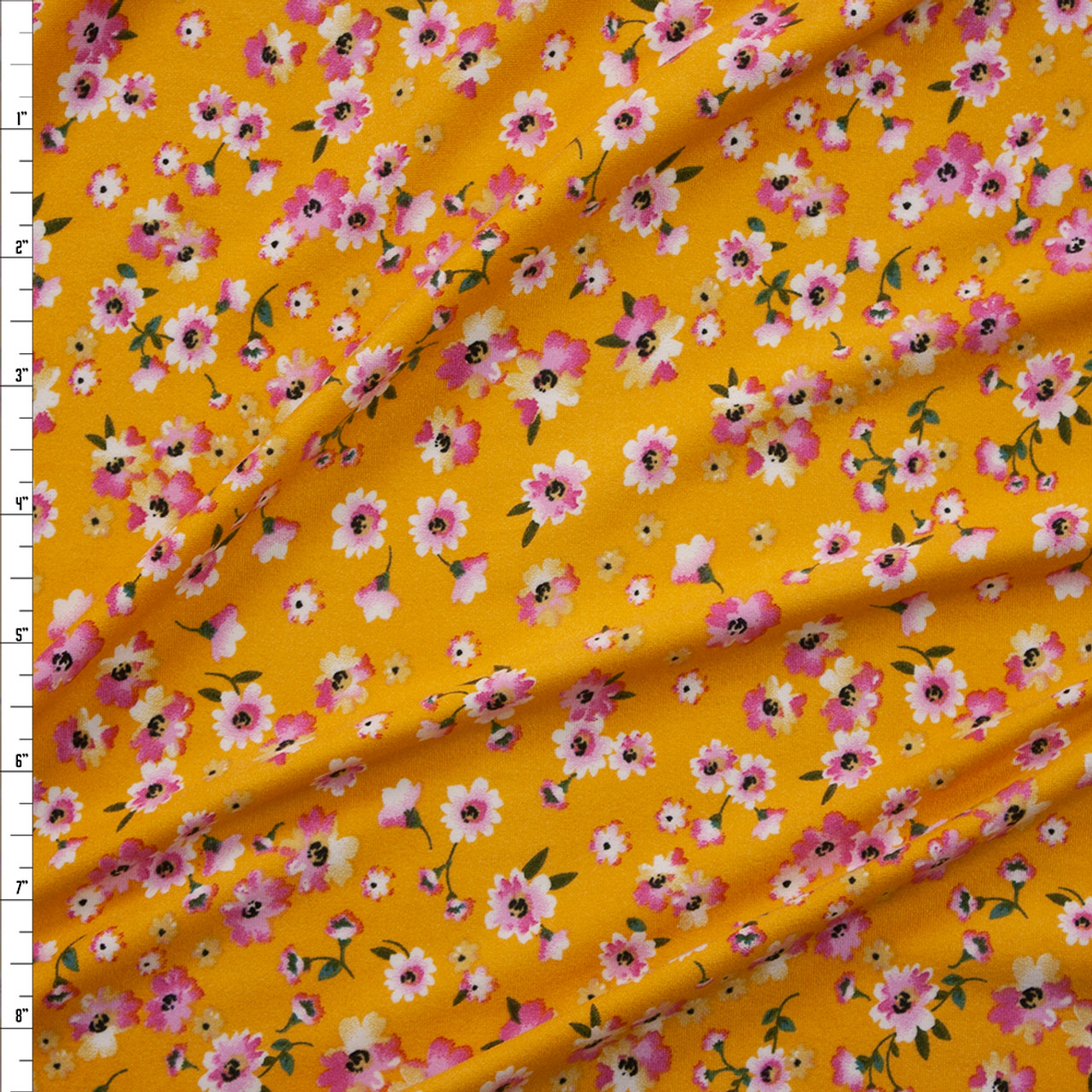 Cali Fabrics Dainty Pink Floral on Mustard Stretch Double Brushed