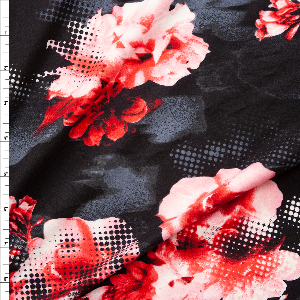 Cali Fabrics Pink and Red Halftone Floral on Black Stretch