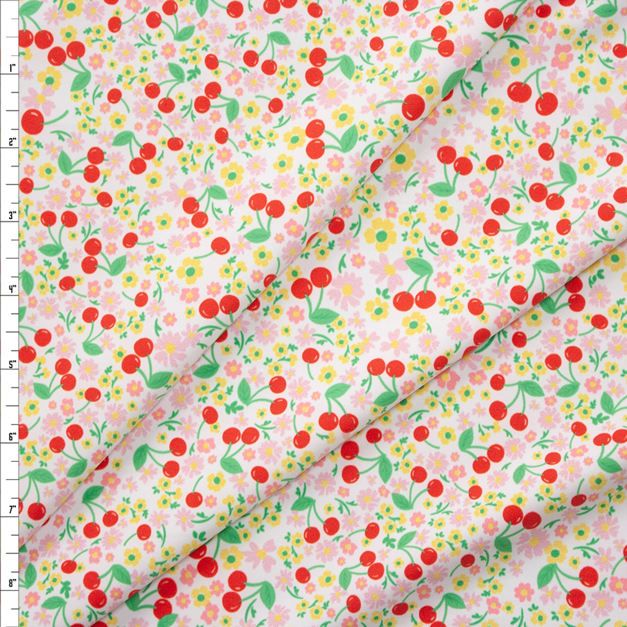 White Cherry Print Poly Cotton Fabric