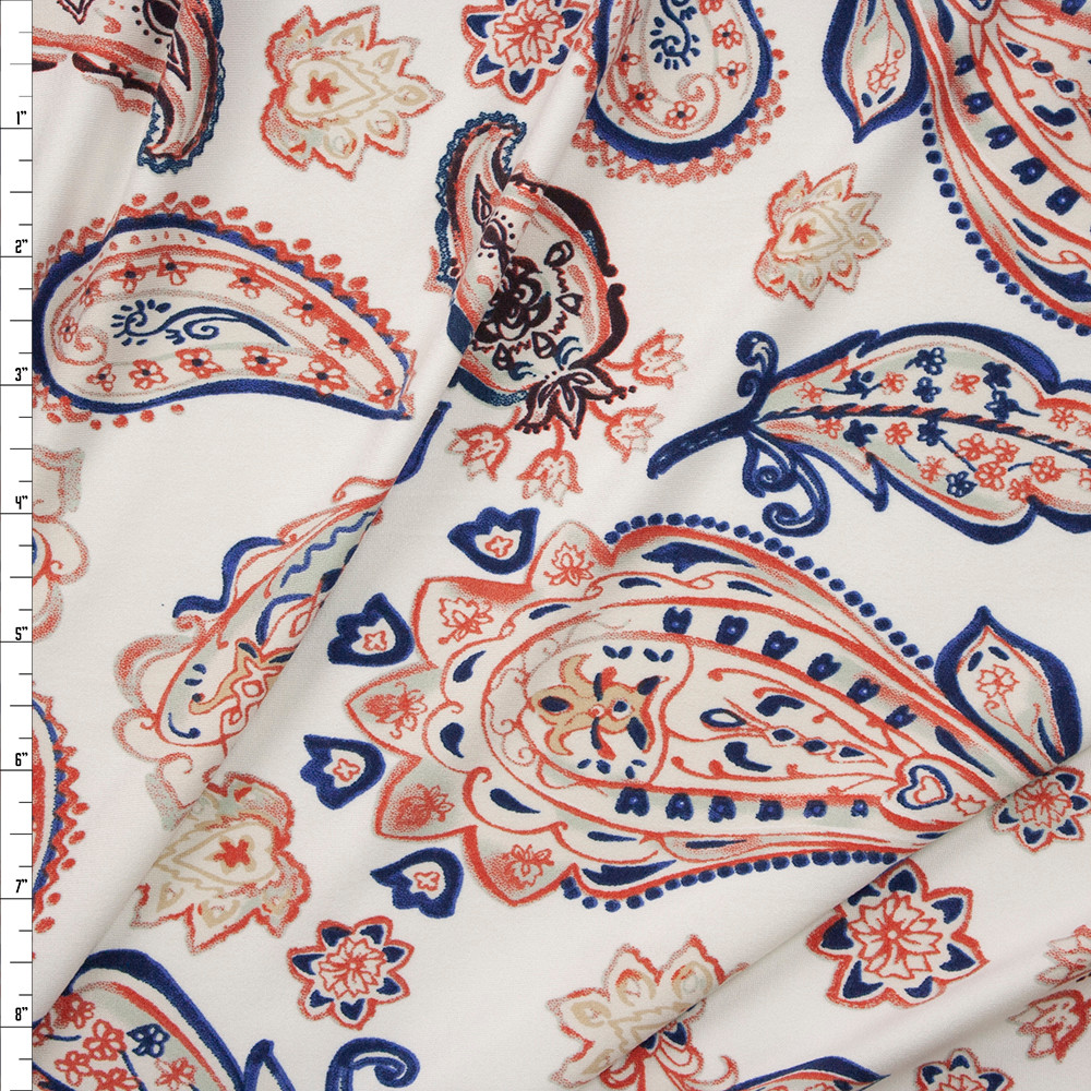 Cali Fabrics Rust, Navy, and Tan Paisley Print on Offwhite Double