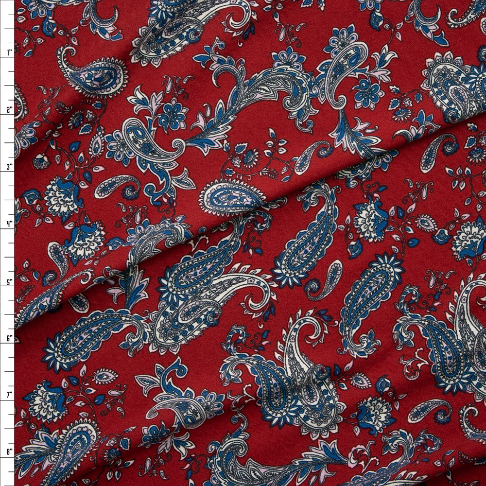 Cali Fabrics Grey and Blue Paisleys on Burgundy Double Brushed