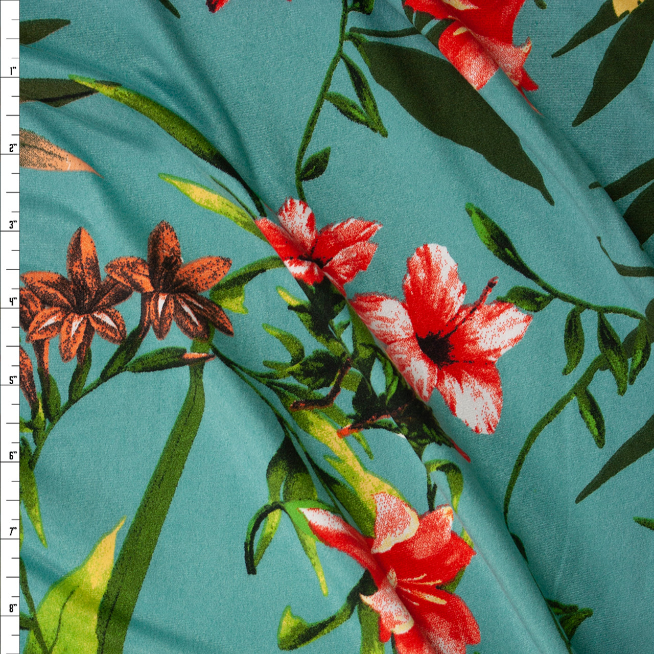 Fabrics Red, Yellow, and Green Lily Floral on Seafoam Double Brushed Poly/Spandex Knit Fabric by the Yard