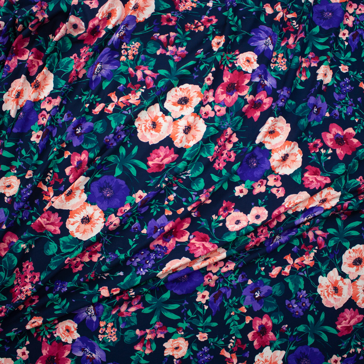 Cali Fabrics Garden Floral on Navy Blue Double Brushed Poly/Spandex ...