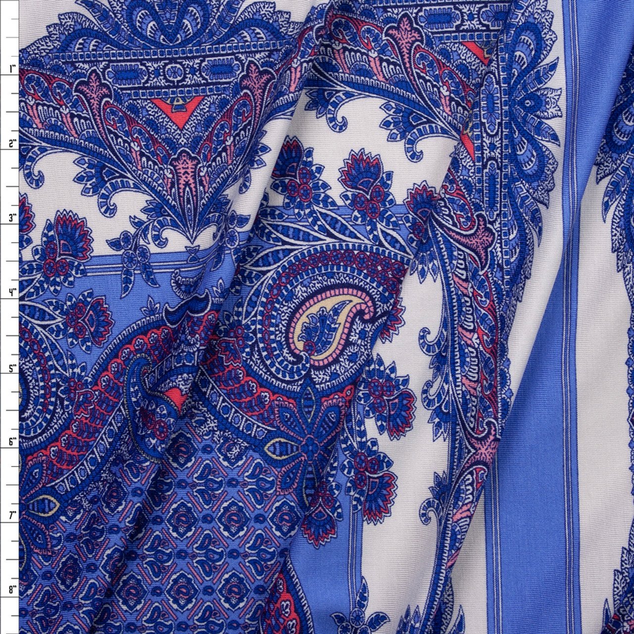 Blue, White, and Coral Paisley Tiled Bandana Print Italian Designer Rayon  Jersey