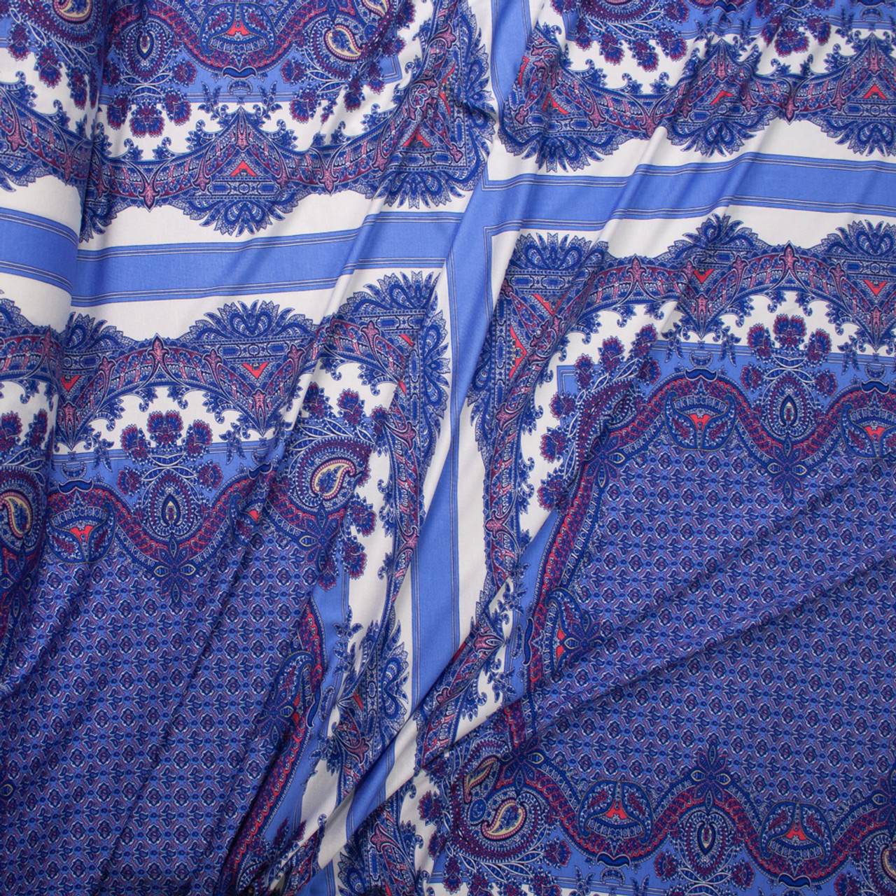 Blue, White, and Coral Paisley Tiled Bandana Print Italian Designer Rayon  Jersey