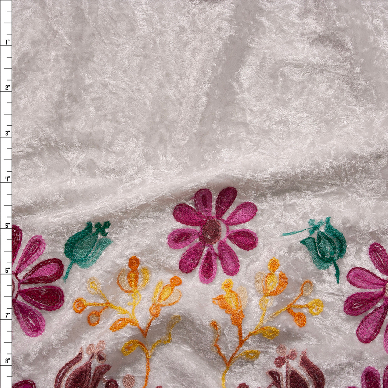 Multi Color Daisy Floral on Ivory Embroidered Border Stretch Velour