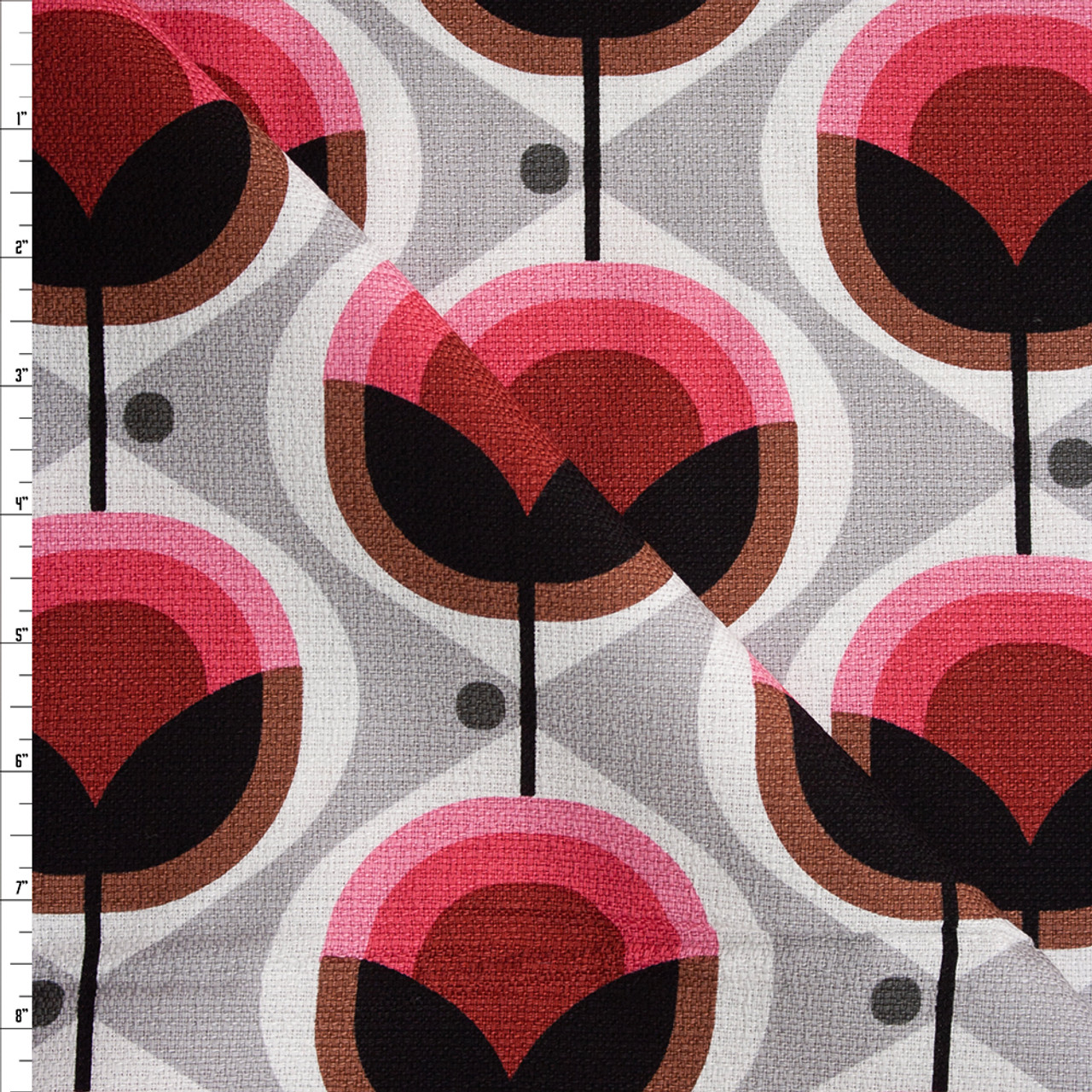 Cali Fabrics Pink, Brown, Grey, and Warm White Modern Retro Floral Organic Barkcloth from Cloud 9 Fabric the Yard