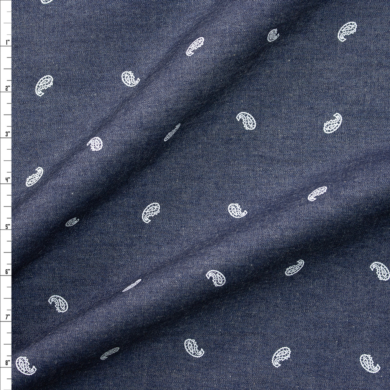 White Paisleys on Indigo Designer Cotton Chambray