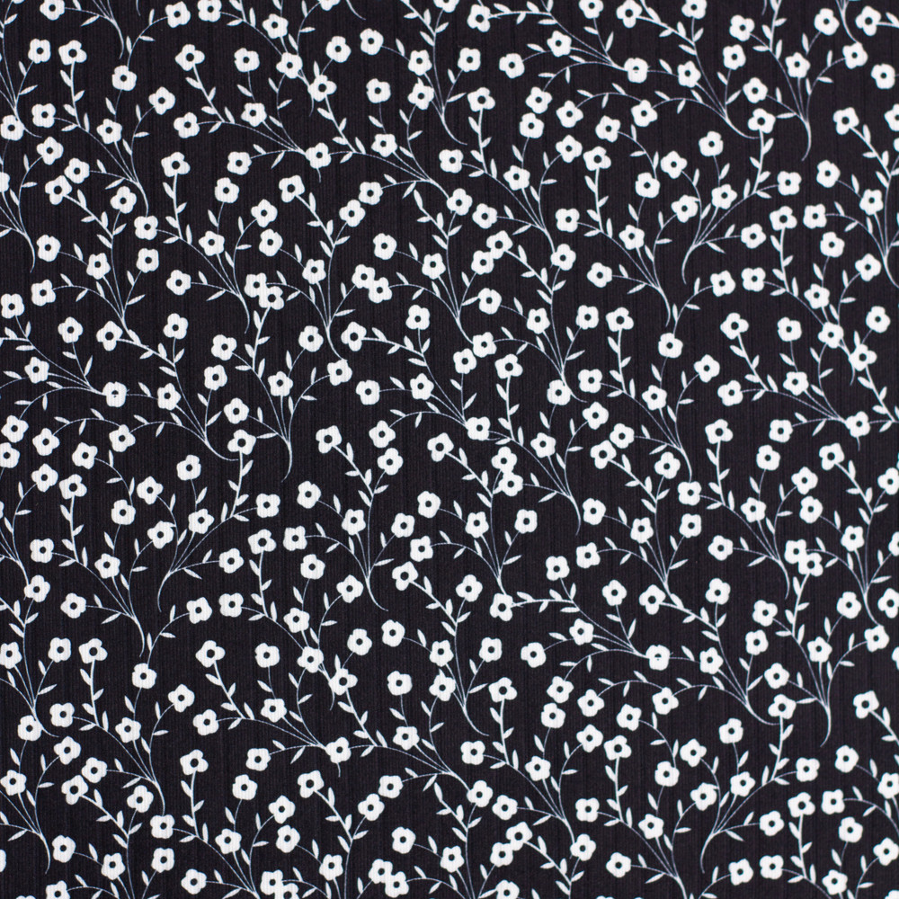 Cali Fabrics White on Black Floral Double Brushed Poly Rib Fabric by ...