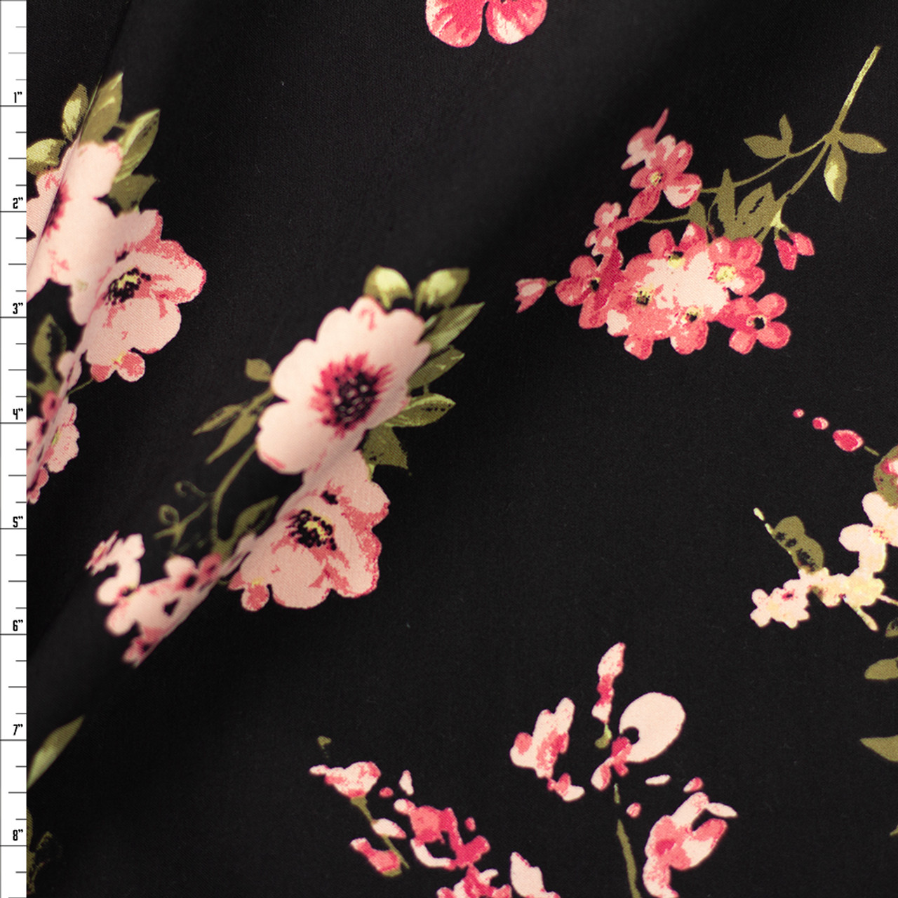 Pink and Sage Floral on Black Designer Viscose Nylon Stretch Twill