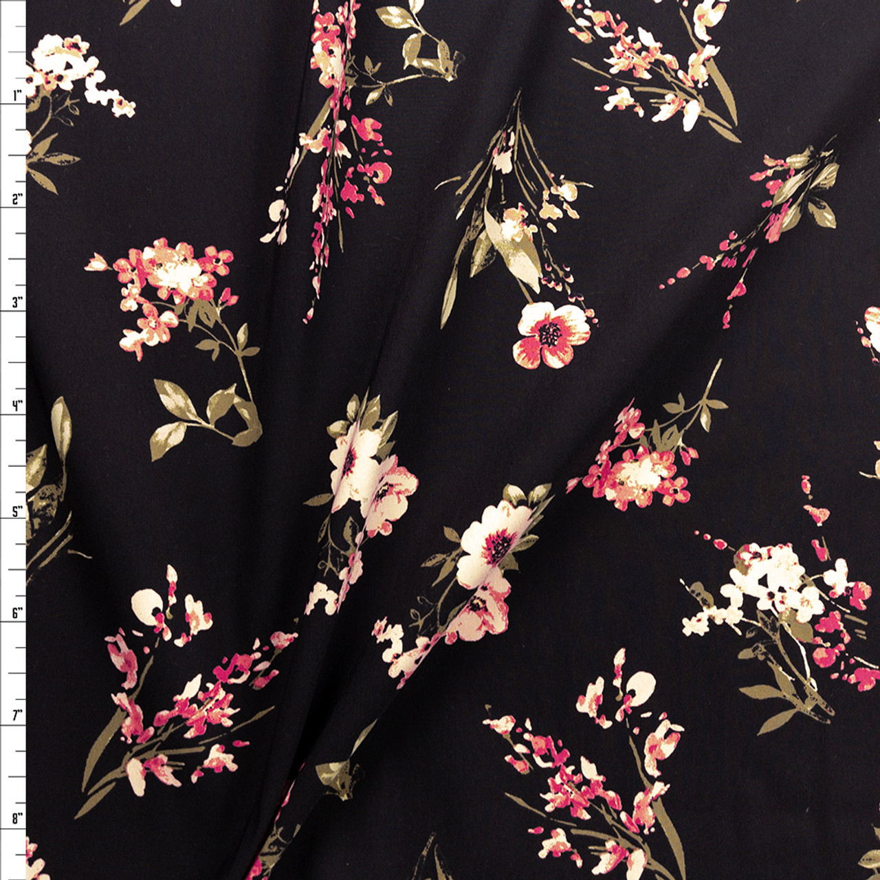 Pink and Sage Floral on Black Designer Viscose Nylon Stretch Twill