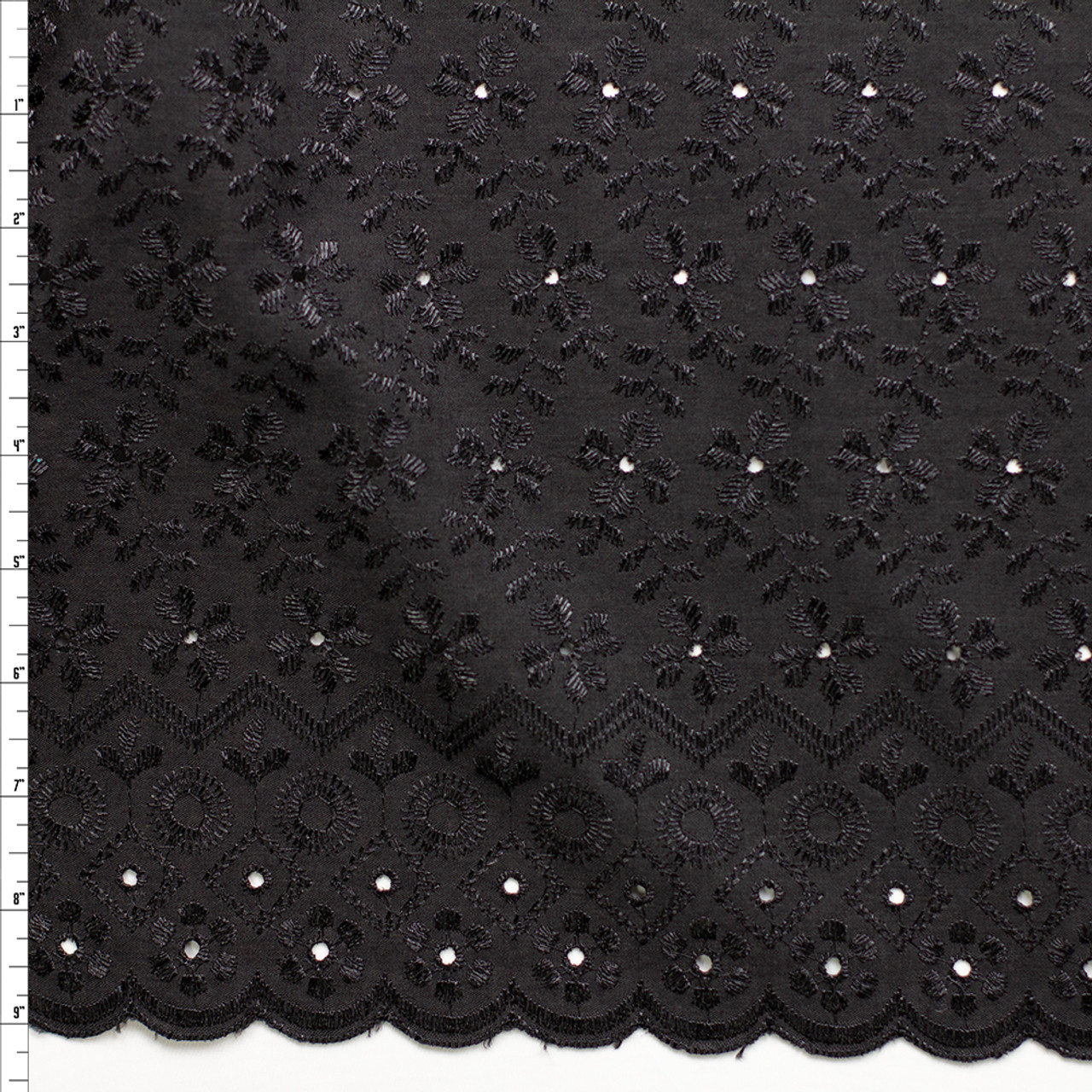 Cali Fabrics Black Floral With Scalloped Double Border Cotton Eyelet Fabric  by the Yard