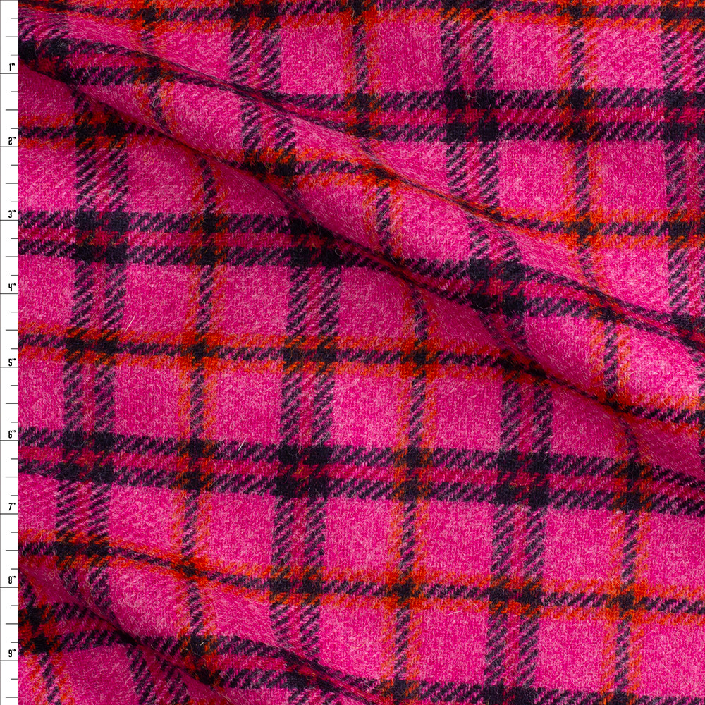Cali Fabrics Pink And Navy Plaid English Wool Flannel Fabric by 