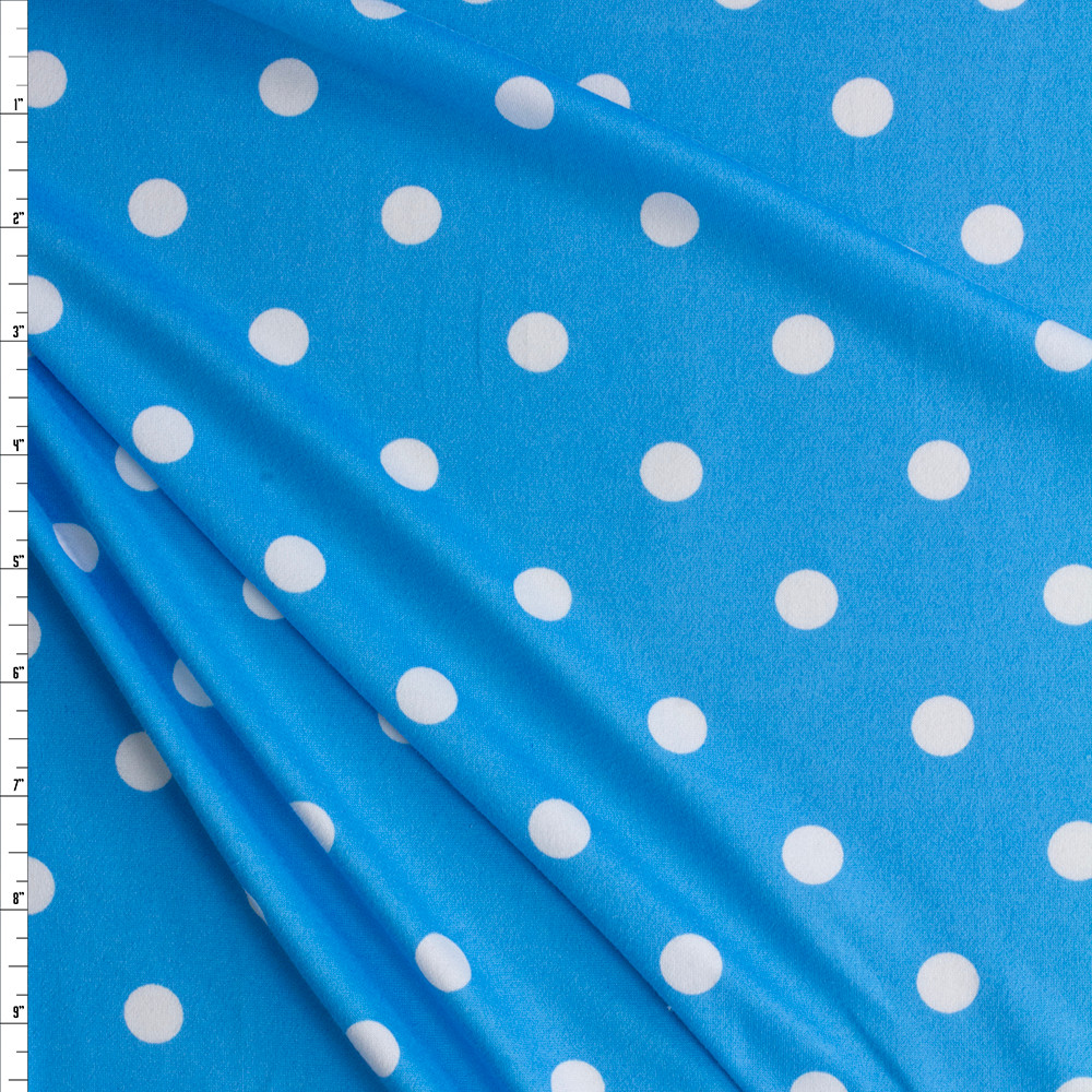 Cali Fabrics White Polka Dots On Turquoise Double Brushed Poly