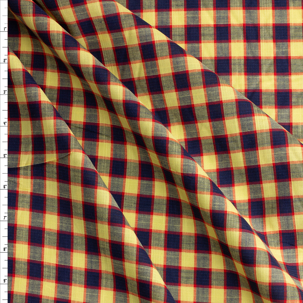 Cali Fabrics Navy, Red, and Yellow Plaid Textured Designer Cotton