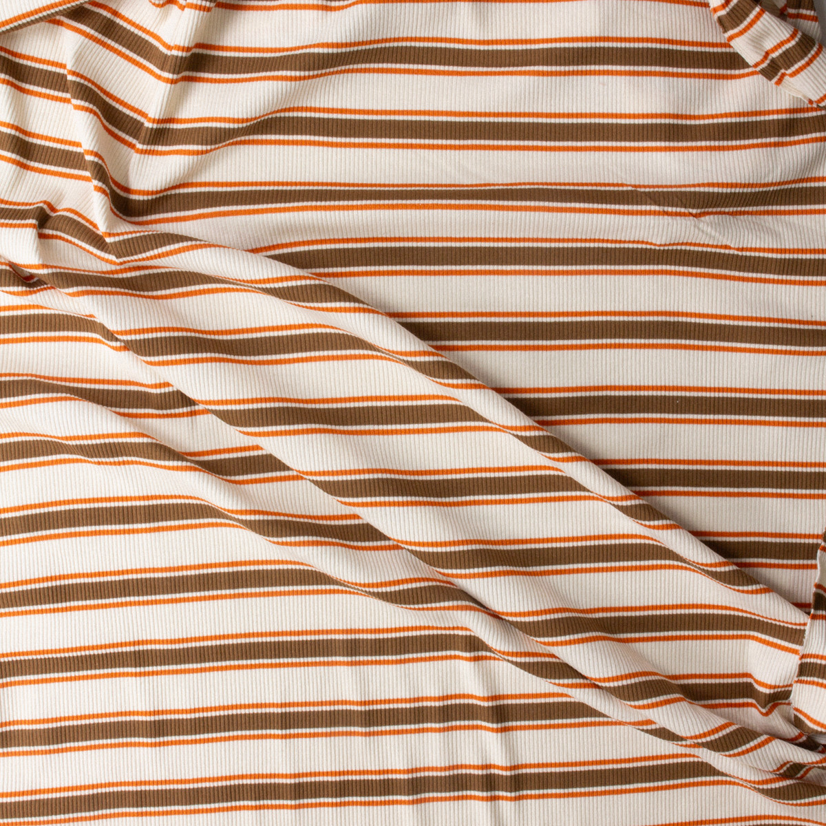Cali Fabrics Brown and Orange on Offwhite Horizontal Stripe Cotton
