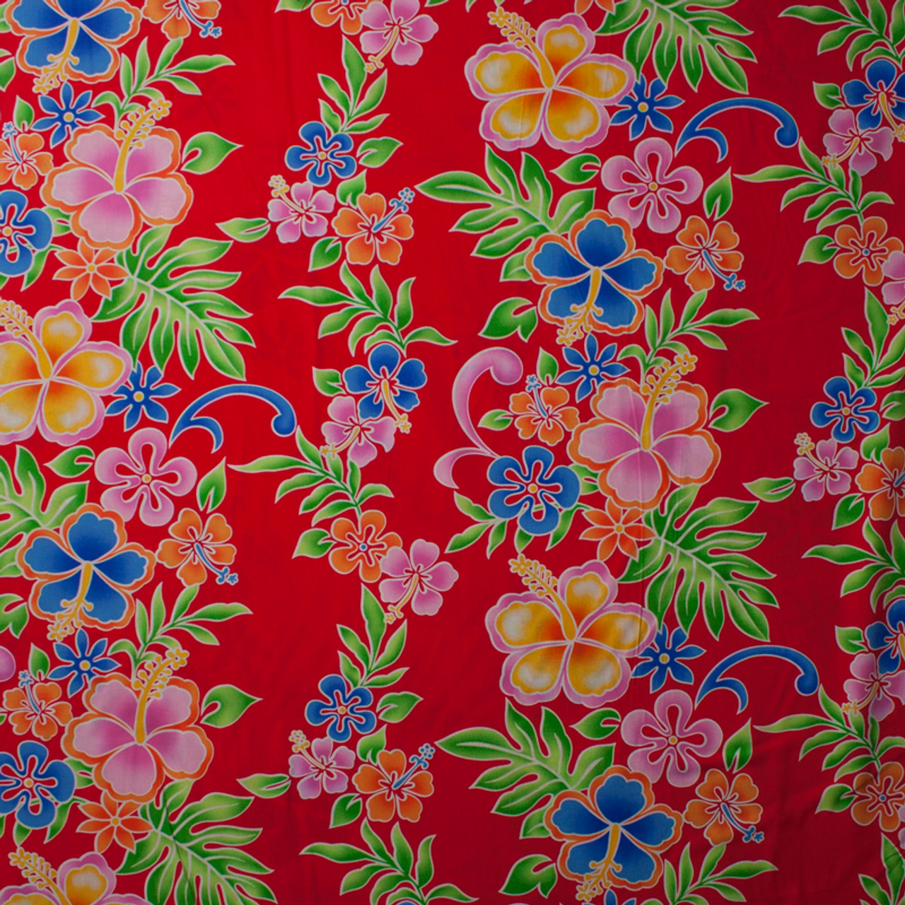 Cali Fabrics | Neon Hibiscus' on Red Cotton Hawaiian Print
