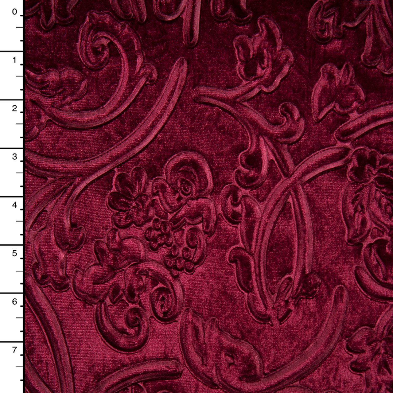 Cali Fabrics | Wine Scrollwork Impressed Stretch Velvet
