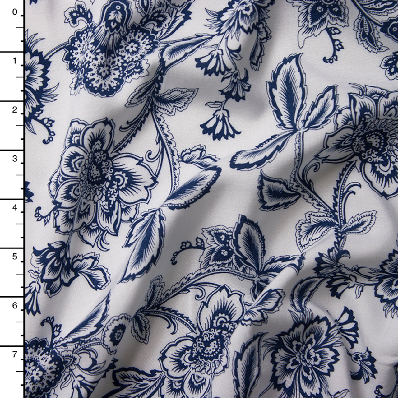 Cali Fabrics Navy Blue Flowers on White Rayon Challis Print Fabric by ...