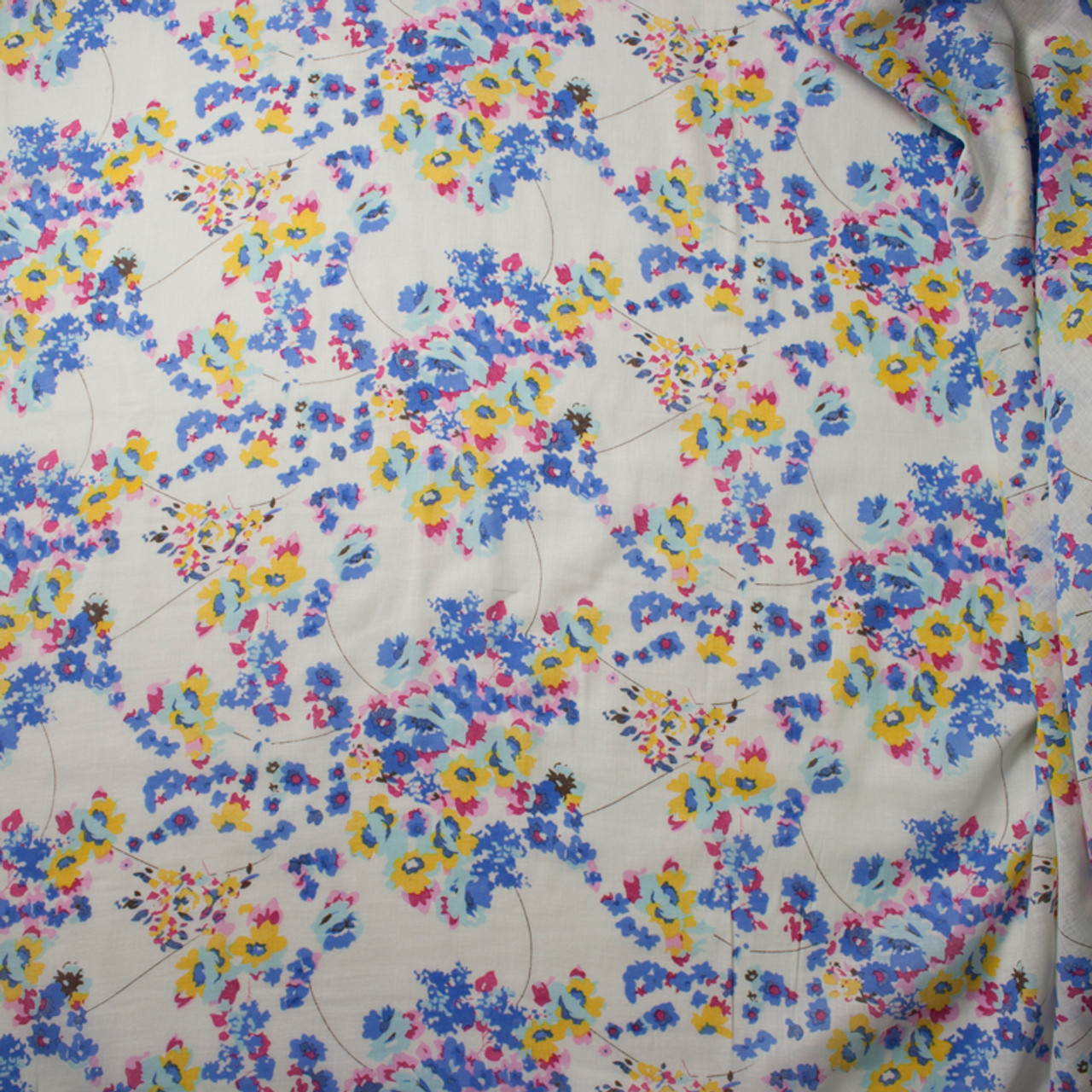 Cali Fabrics Periwinkle and Yellow Floral Print on White Cotton Voile ...