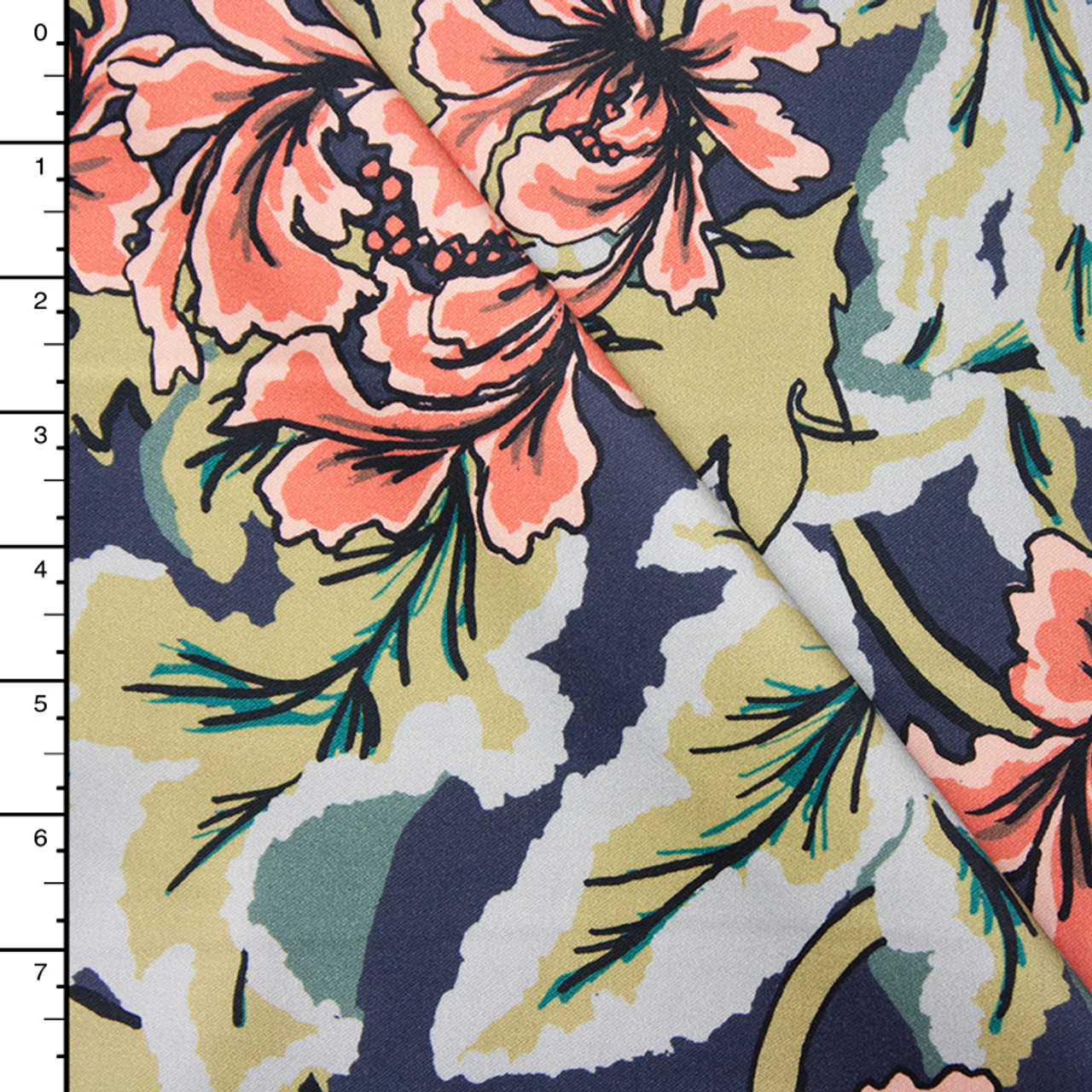 Cali Fabrics Coral and Green Floral on Navy Stretch Sateen from ‘7 for ...