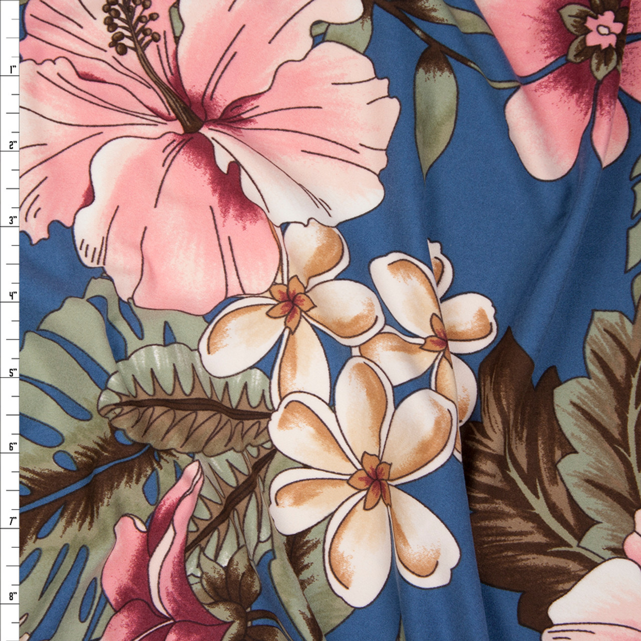 Cali Fabrics Pink on Slate Blue Island Floral Double Brushed Poly ...