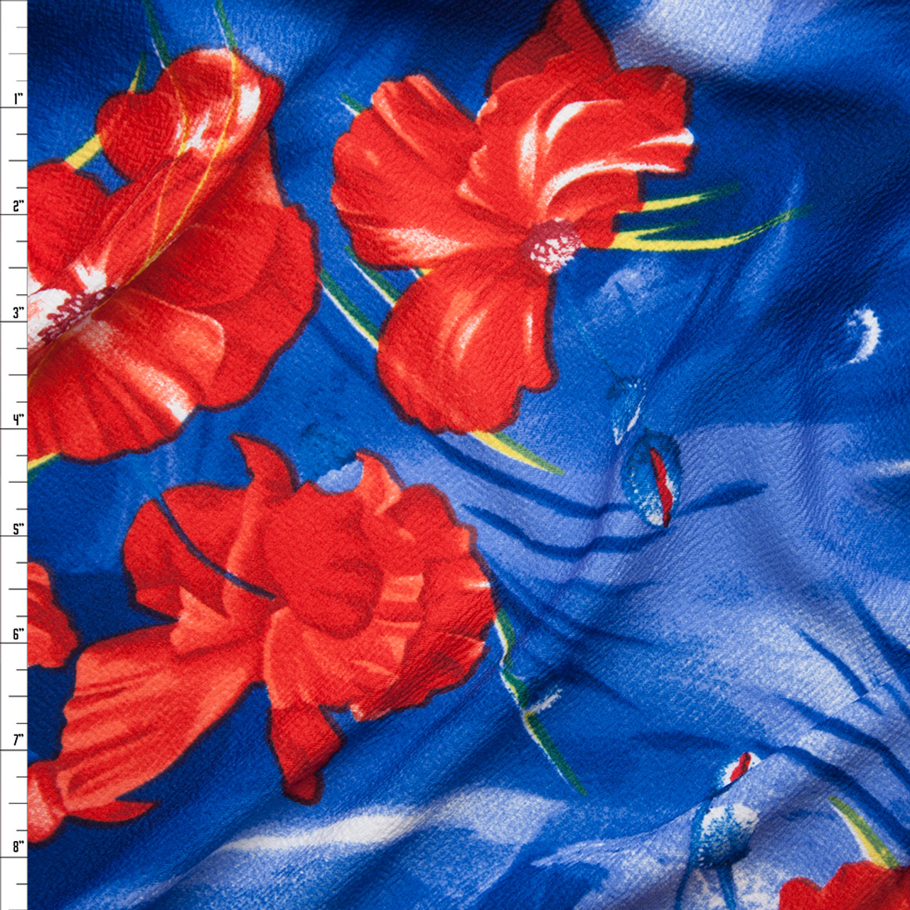 Cali Fabrics Red Flowers on Brushstroke Blue Background Liverpool Knit ...
