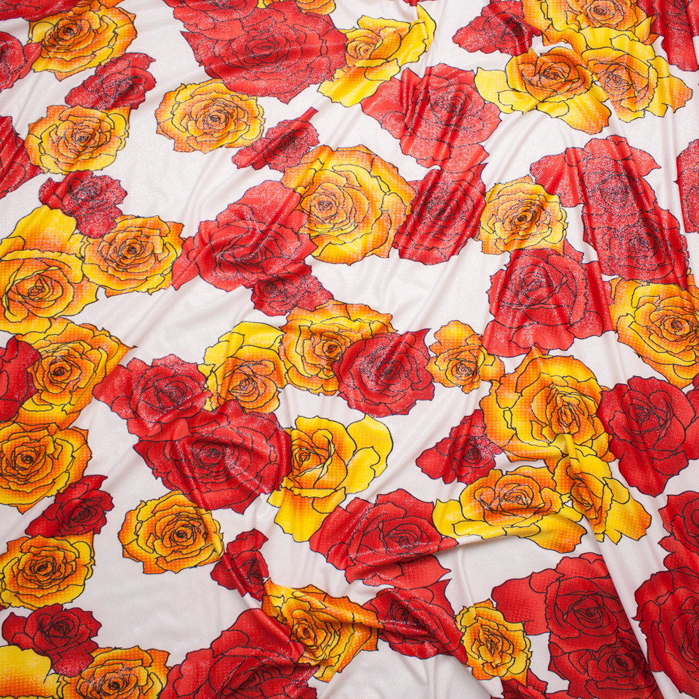 Cali Fabrics Red and Yellow Pop Art Roses on Offwhite Silver Dusted ITY ...