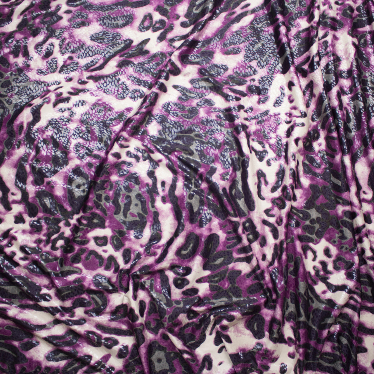 Cali Fabrics Purple and Grey Leopard Print Poly Knit with Gloss Overlay ...